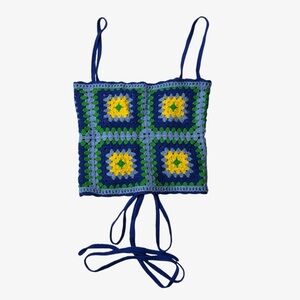 Zara Women's Blue Yellow Crochet Open Back Tie Crop Top With Straps Size Small